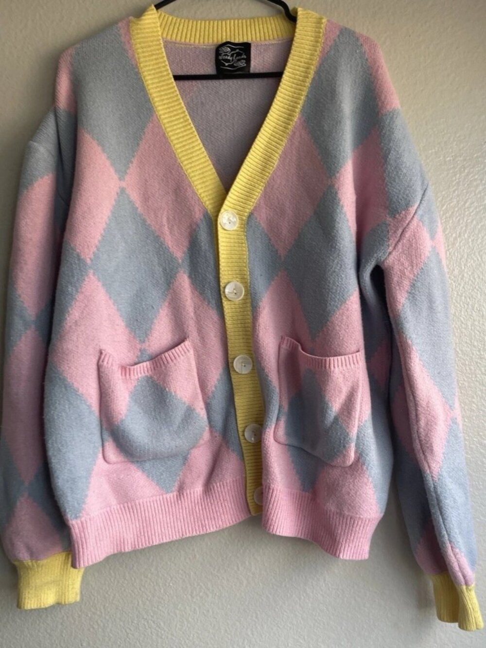 Steady Hands Howls Moving Castle Argyle Cardigan Pink/Yellow Women’s Sz M/L - Picture 6 of 13